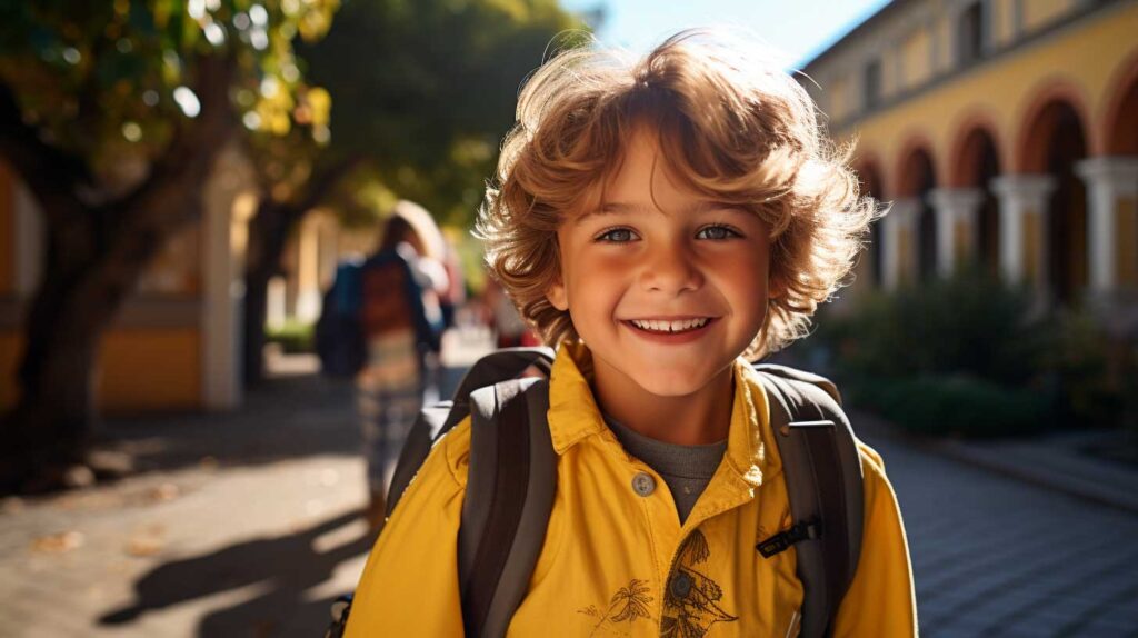 Un bambino di 6 anni pronto per andare a scuola con lo zainetto sulle spalle