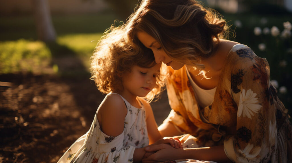 una mamma ascolta la sua bambina al parco giochi