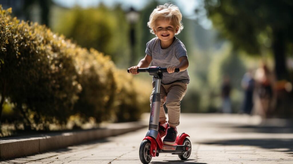 Un bambino sicuro di sè corre con il monopattino