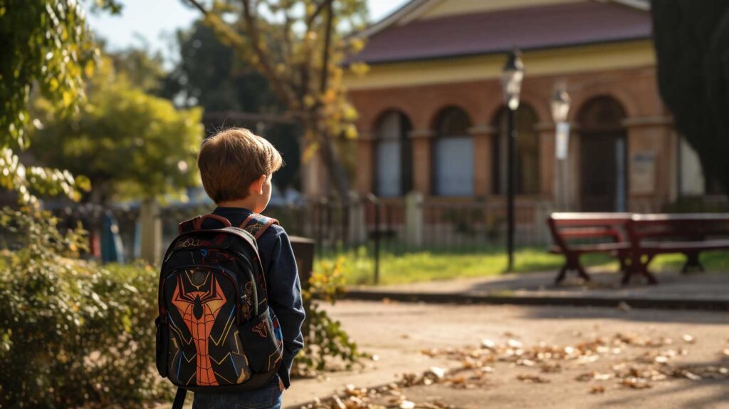 Un bambino di 6 anni con lo zaino davanti alla scuola