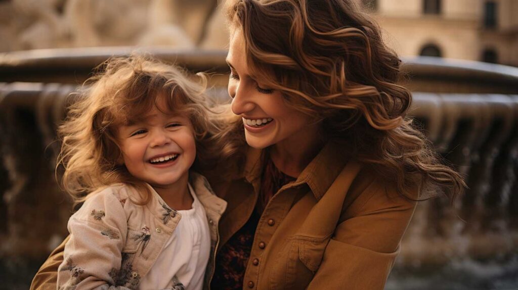 mamma e bimba insieme davanti a una fontana