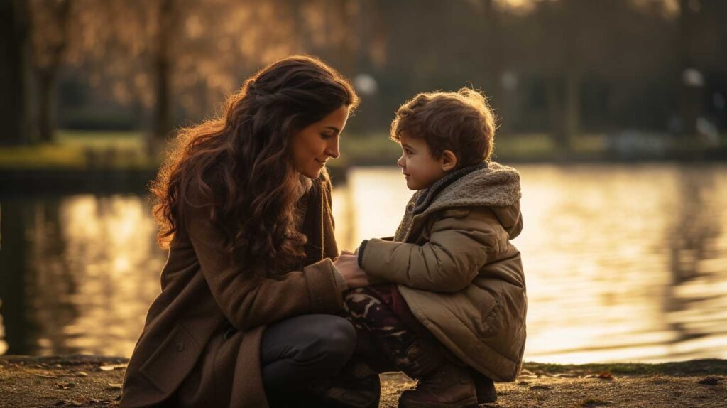 Una mamma mano nella mano con il suo bambino, davanti al lago