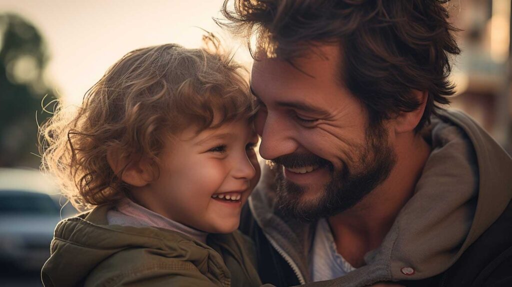 Un papà abbraccia con amore il suo bambino