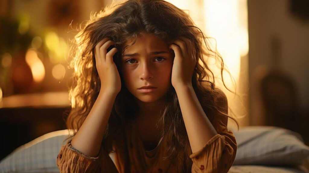 Una bambina piange triste, da sola