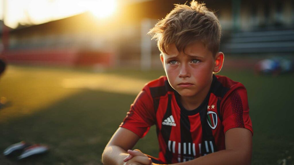 Un bambino piange perchè ha perso a una partita di calcio