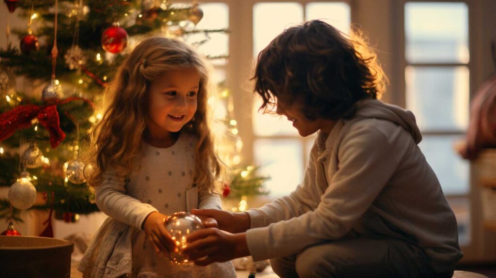 Due bambini creano assieme gli addobbi per il Natale