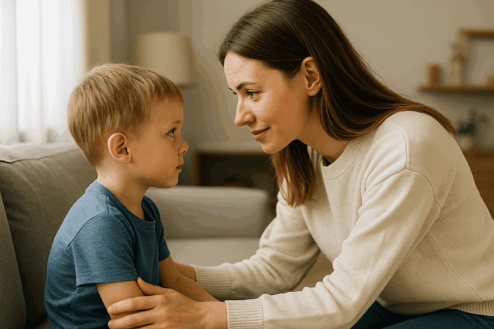 Madre che sorride dolcemente al figlio piccolo mentre lo guarda negli occhi, seduti insieme su un divano in salotto.