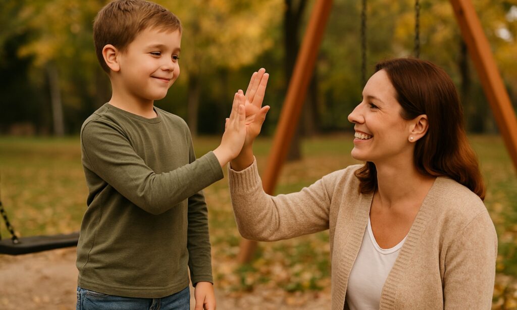 Un bambino di 6 anni e la sua mamma battono il cinque, soddisfatti e orgogliosi