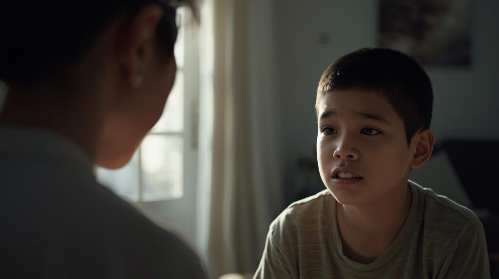 Un bambino guarda un adulto con espressione seria e un po’ fragile, mentre sembra ascoltare o cercare di spiegarsi. La scena è intima e silenziosa, illuminata da luce naturale, e trasmette il momento delicato di un dialogo in cui il bambino ha bisogno di sentirsi visto, compreso e accolto, più che corretto.