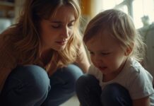 Mamma, non sono cattivo! Madre accovacciata accanto al figlio piccolo in difficoltà emotiva, esempio di connessione e ascolto di un bambino demotivato.