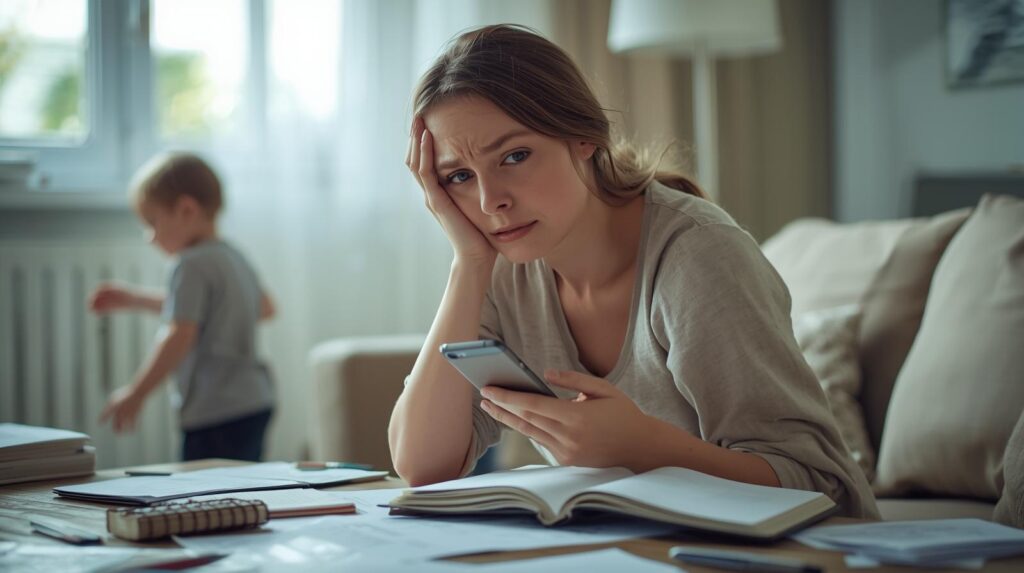 Madre stanca e pensierosa guarda il telefono mentre cerca soluzioni educative, con il figlio sullo sfondo in casa.