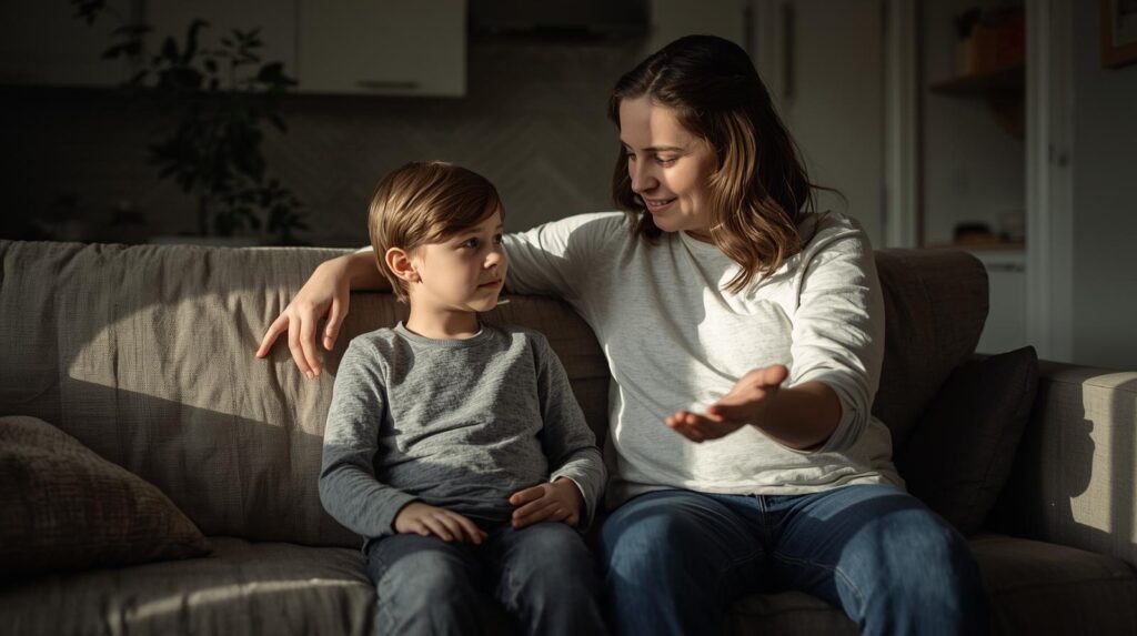 Madre seduta sul divano che parla con il figlio in modo calmo e accogliente, esempio di connessione e ascolto con un bambino demotivato.