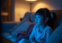 Capriccio o bisogno? Come leggere davvero il comportamento dei bambini bambina seduta sul divano mentre guarda la televisione illuminata dalla luce blu dello schermo, capricci