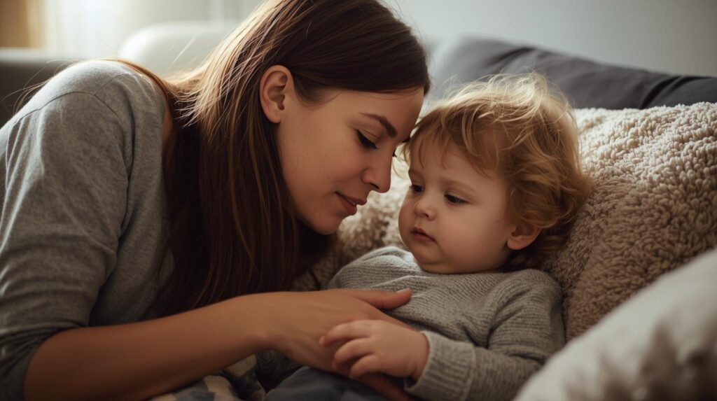 mamma che parla con il suo bambino piccolo che fa i capricci seduti sul divano in un momento di ascolto e connessione