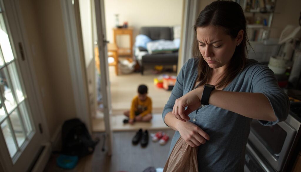 Una mamma in piedi sulla soglia di casa, le braccia conserte, osserva il suo bambino che gioca sul pavimento. Il momento di pausa prima che arrivi l'urlo.