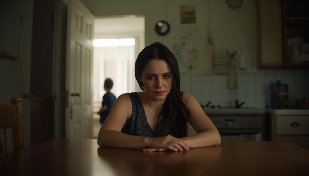 Una mamma esausta siede al tavolo della cucina con le mani intrecciate, lo sguardo stanco e pensieroso. Sullo sfondo, il bambino si allontana nel corridoio. Il momento dopo l'urlo.