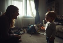 Perchè urlo proprio quando vorrei essere calma Una mamma seduta sul pavimento guarda il suo bambino piccolo, in un momento di tensione silenziosa tra i due.