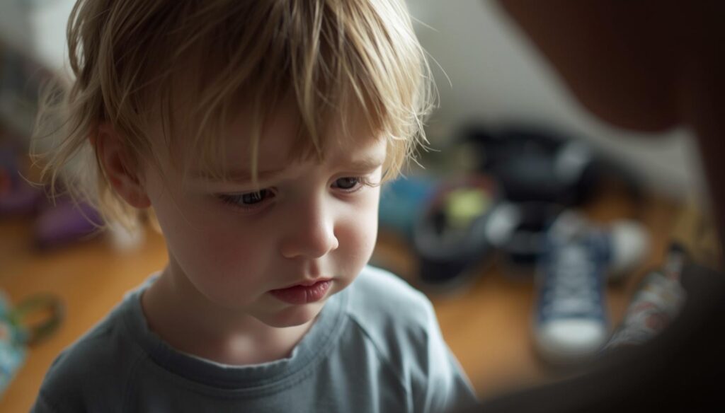 Un bambino piccolo con la testa abbassata e lo sguardo triste, dopo un momento di tensione o un urlo.